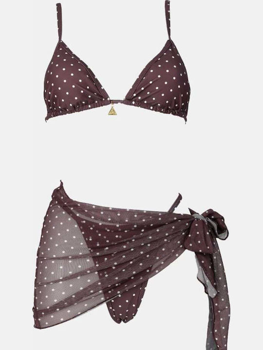 Bikini Set 3 Pieces Triangle & String Polka Dot Dark Brown