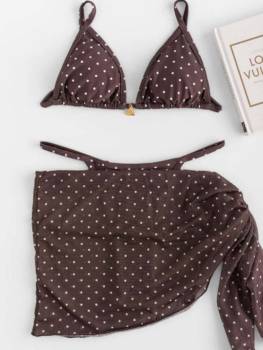 Bikini Set 3 Pieces Triangle & String Polka Dot Dark Brown