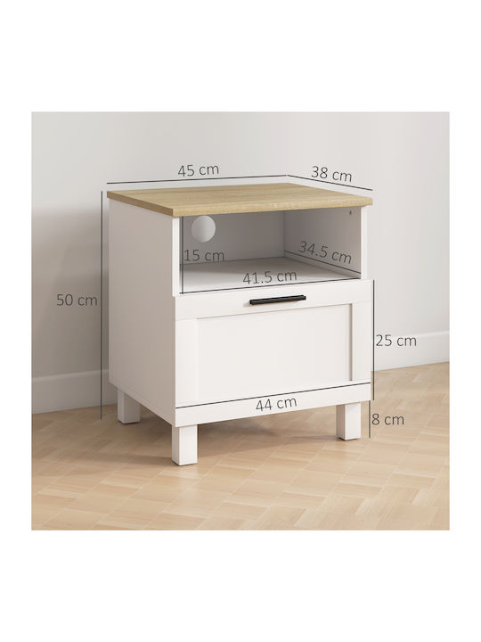 Κομοδίνο από Μασίφ Ξύλο και Γυαλί Λευκό 45x38x50cm