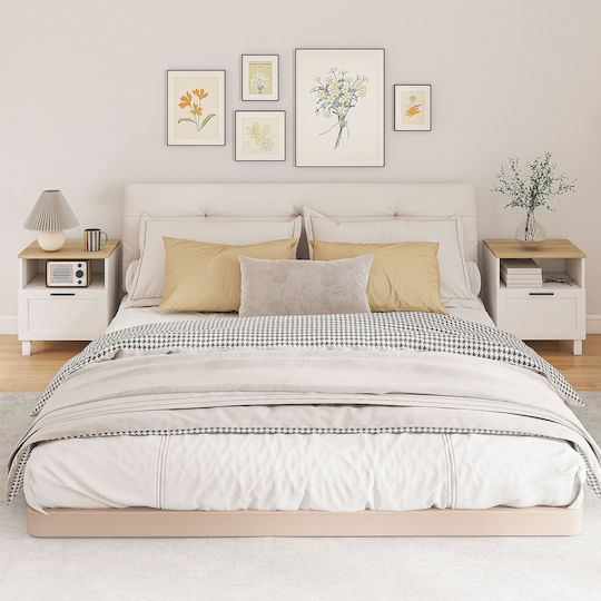 Κομοδίνο από Μασίφ Ξύλο και Γυαλί Λευκό 45x38x50cm