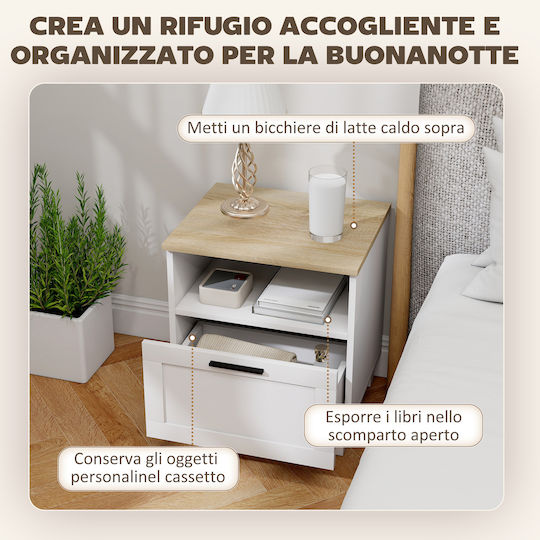 Κομοδίνο από Μασίφ Ξύλο και Γυαλί Λευκό 45x38x50cm