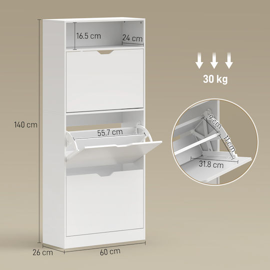Wooden Shoe Cabinet for Boots/Ankle Boots White with Tilting Shelves L60xD26xH140cm