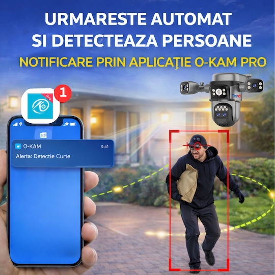 Taggo TAG621-SOLAR-4G-10X-12MP-GREY-1PANOU Cameră Supraveghere IP Quad 4G 12MP Impermeabilă cu Baterie cu Comunicare Bidirecțională și Obiectiv 4mm Gri