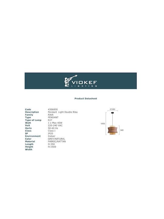 Viokef Rika Κρεμαστό Φωτιστικό Γκρι Ράγα με Ντουί E27 35x350εκ.