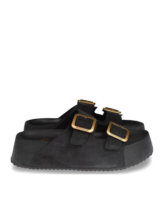 Myconian Women's Flat Sandals Flatforms Black Suede