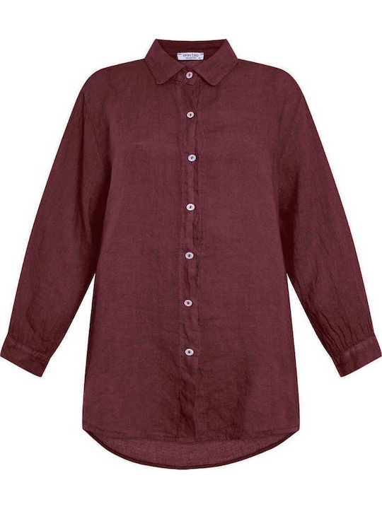 Celestino Damenhemden Monochrom Leinen Loose Fit Burgundisch
