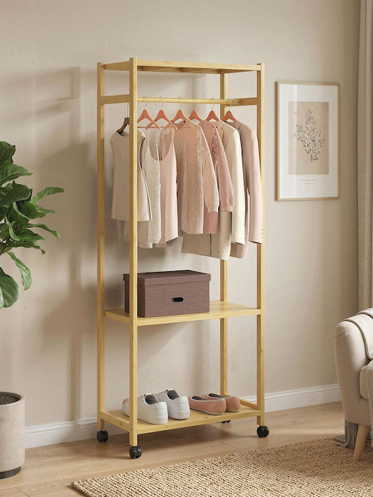 HomCom Rolling Floor Garment Rack Bamboo Beige 70x35x175cm