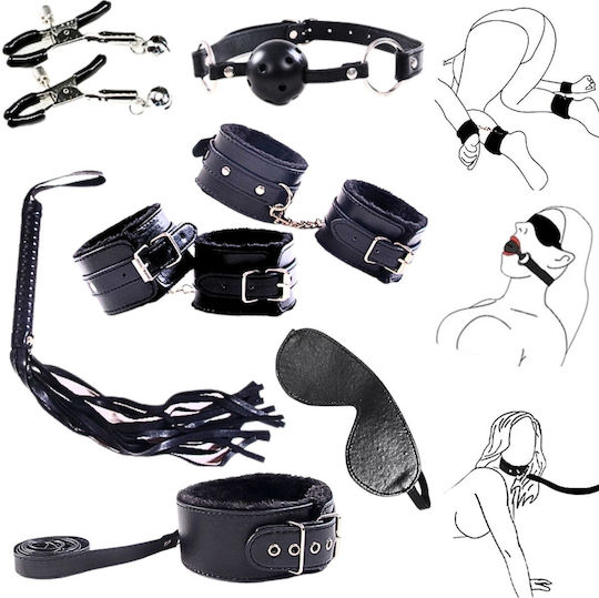 Smd Erotique First Ties Bondage & Restraint Starter Kit Complete Set BDSM 7 Accessories Vegan Leather Black