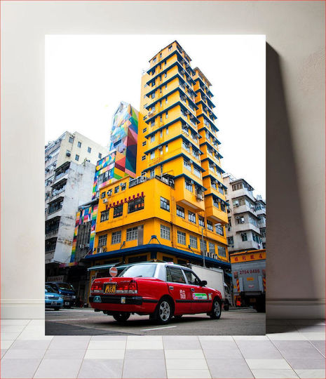 Colorful Urban Building And Taxi Πολύχρωμο Αστικό Κτίριο Και Ταξί σε Καμβά