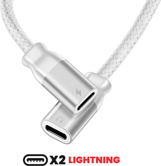 Swissten 2-in-1 Braided Nylon Anti-Tangle Lightning Audio Charging Splitter White