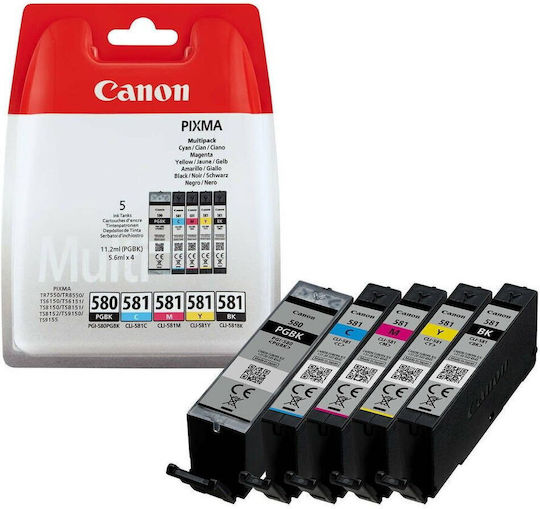 Canon PGI-580/CLI-581 Γνήσιο Πακέτο 5 Μελανιών Εκτυπωτή InkJet Κίτρινο / Κυανό / Ματζέντα / Μαύρο (2078C005)