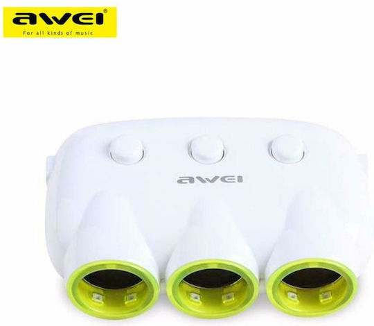 Awei Φορτιστής Αυτοκινήτου 120W 2.1A με Θύρες: 1xUSB 3xΑναπτήρα μαζί με Καλώδιο Ενσωματωμένο Λευκός