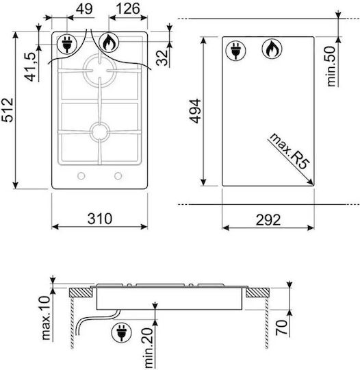 Smeg Domino Газов Автономен Плот Inox 31x51.2см Stainless Steel