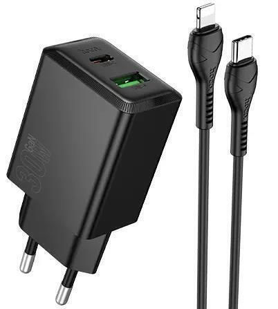 Hoco GaN Handyladegerät mit USB-A und USB-C Ausgangsanschlüssen und Kabel USB-C - Lightning 30W Stromlieferung Schwarz