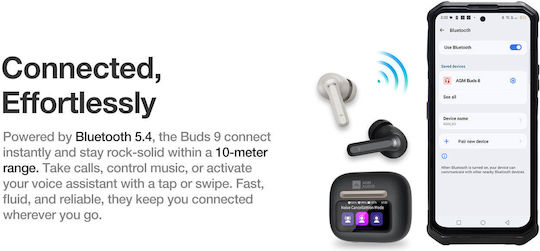 AGM Buds 9 Bluetooth Handsfree Ακουστικά με Αντοχή στον Ιδρώτα και Θήκη Φόρτισης Μπεζ