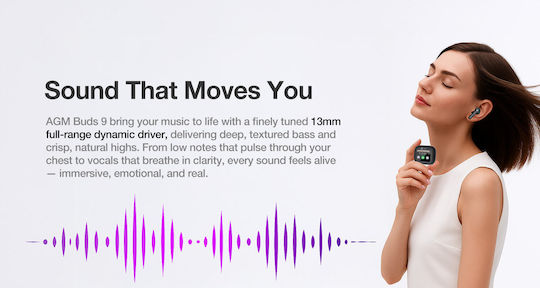 AGM Buds 9 Bluetooth Handsfree Ακουστικά με Αντοχή στον Ιδρώτα και Θήκη Φόρτισης Μπεζ