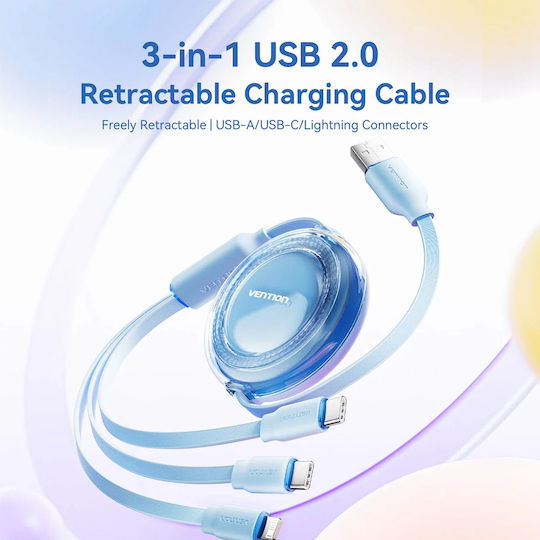 Vention Male Retractable USB To Type-C Lightning Cable 3.5A Pink 1.1m TRJPBE