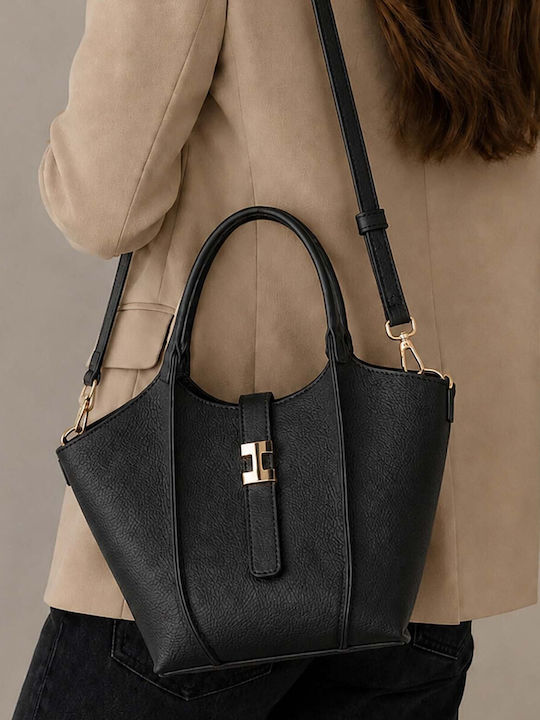 Gallantry Tote Bag Women Grained Leather Effect Jewel Clasp Strap Black
