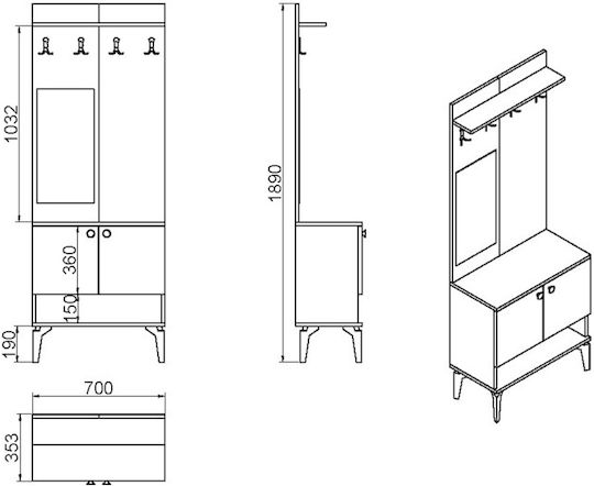 Entryway Furniture with Mirror / Shoe Rack & Wardrobe White 70x35.3x189cm