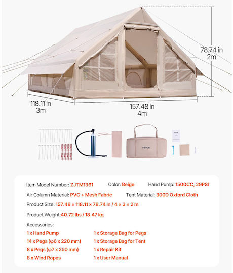 Cort De Camping Gonflabil 4 Anotimpuri Pentru 8 Persoane 400x300x200cm