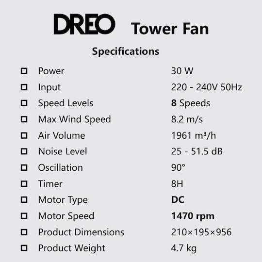 Dreo Nomad 413S Ventilator Turm 30W Schwarzer