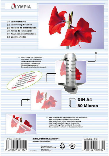 Olympia Din A4 80 Micron Glossy Laminating Sheets A4 80 Microns 25 Pieces