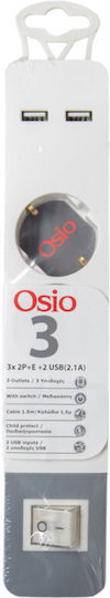 Osio Power Strip 3 Positions with 2 USB-A, Switch and Cable 1.5m