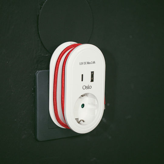 Osio Un singur soclu Securitate cu 1 USB-A, USB-C și Cablu 0.6m