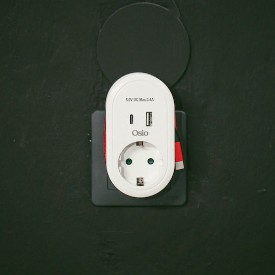 Osio Un singur soclu Securitate cu 1 USB-A, USB-C și Cablu 0.6m