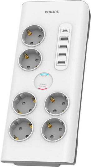 Bandă de Alimentare de Securitate cu 6 Prize Philips Original Spn7060wa/grs 1 USB Type-C 15 W 4 USB Type-A 20 W