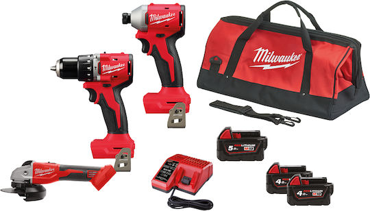 Milwaukee 3990993 Set Angle Wheel & Drill Driver & Impact Screwdriver Brushless 18V with 3 Batteries 4Ah - 1.5Ah and Case