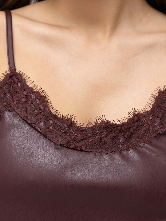 Bluza Damă de Piele Cu Bretele Burgundy