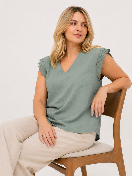 Women's Summer Linen Sleeveless Blouse with V-Neck Green