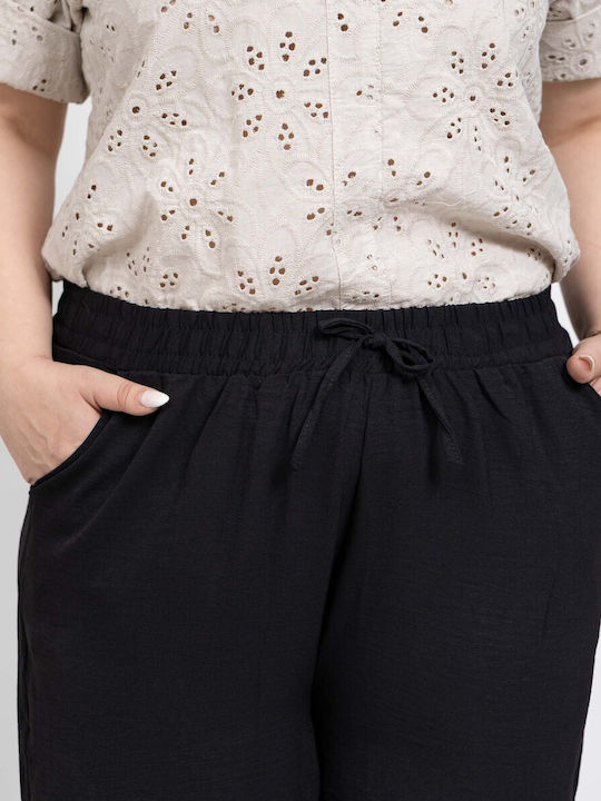 Pantaloni Dama Din Țesătură Cu Cauciuc În Fit Relaxed Negru