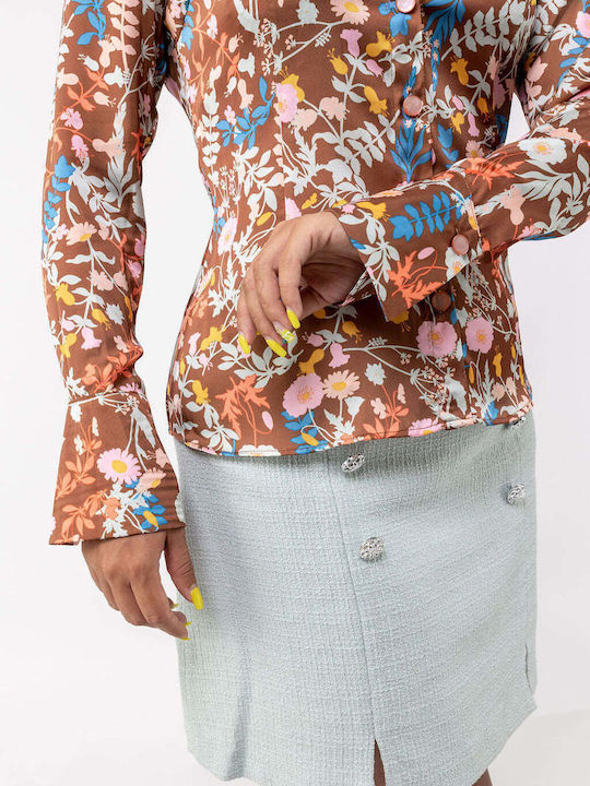 Langärmeliges Damenhemden Satin Braun Blumen