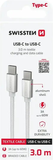 Swissten Braided USB 2.0 Cable USB-C Male - USB-C 60W Silver 3m 71527211