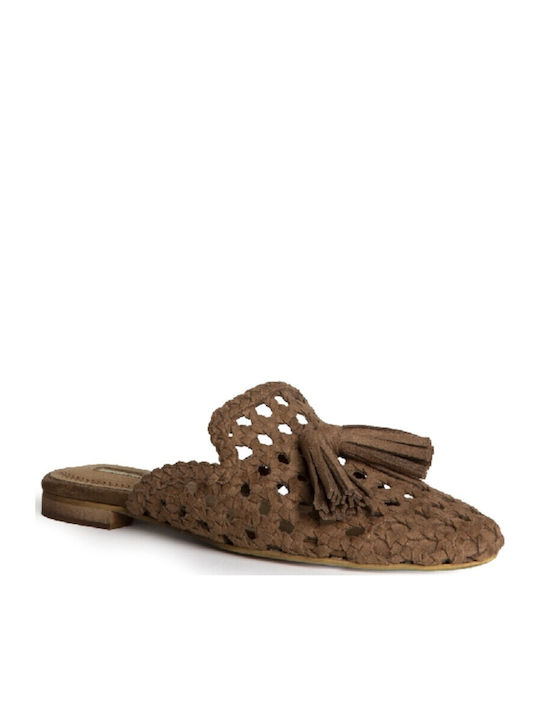Flat Suede Mules in Brown Colour