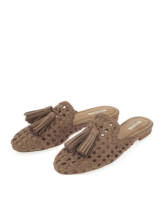 Flat Suede Mules in Brown Colour