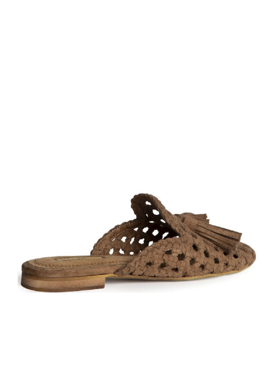 Flat Suede Mules in Brown Colour