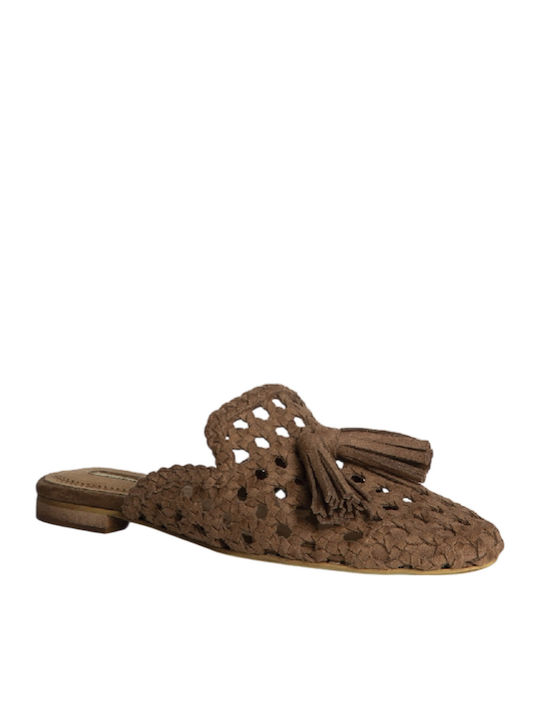 Flat Suede Mules in Brown Colour