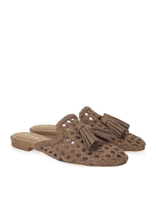 Flat Suede Mules in Brown Colour