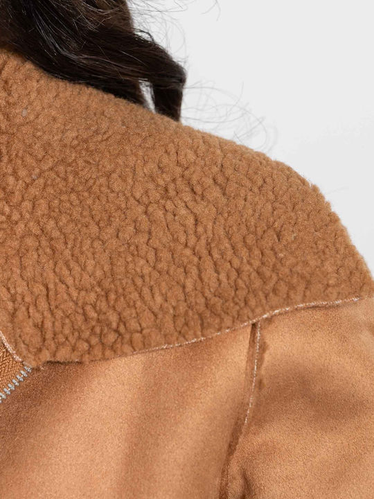Kurzes Wildleder Damenjacke Für Winter Camel