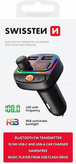 Swissten Bluetooth 5.3 Fm Transmitter Fast Charge 15 5w Rgb Mp3 Playback Black