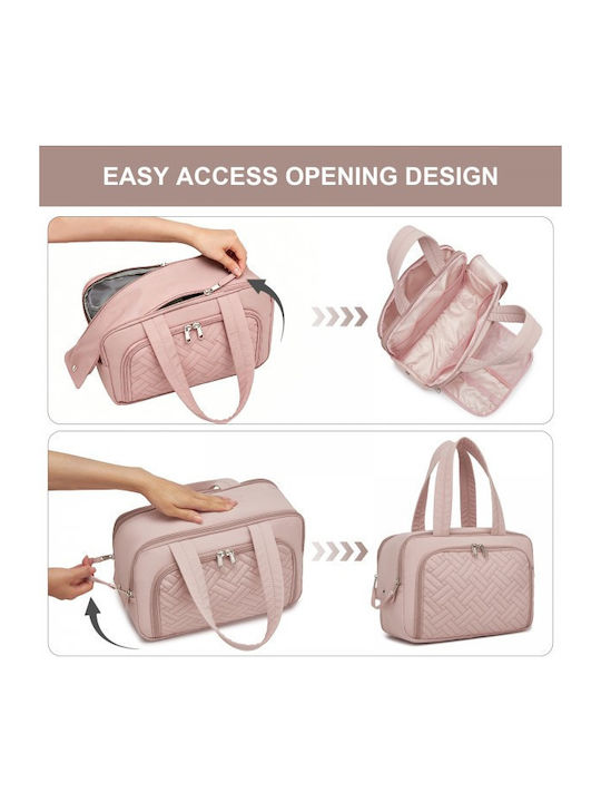 Miss Lulu Travel Quilted Toiletry Bag – Water-resistant Wet Dry Pocket Large 180° Opening Easy Access Nude