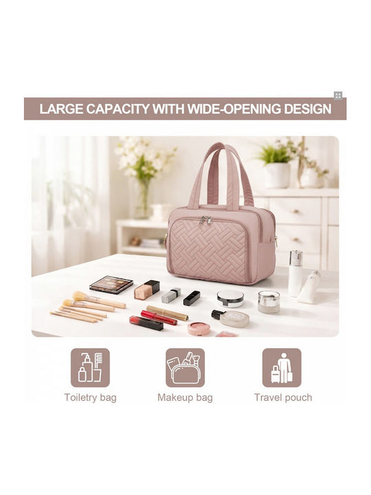 Miss Lulu Travel Quilted Toiletry Bag – Water-resistant Wet Dry Pocket Large 180° Opening Easy Access Nude