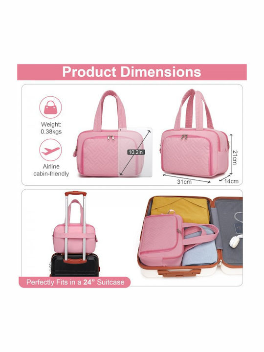 Miss Lulu Travel Quilted Toiletry Bag – Water-resistant Wet Dry Pocket Large 180° Opening Easy Access Pink