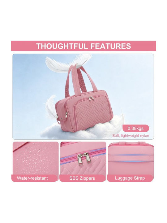 Miss Lulu Travel Quilted Toiletry Bag – Water-resistant Wet Dry Pocket Large 180° Opening Easy Access Pink