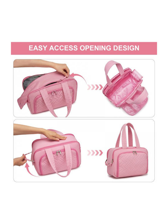 Miss Lulu Travel Quilted Toiletry Bag – Water-resistant Wet Dry Pocket Large 180° Opening Easy Access Pink