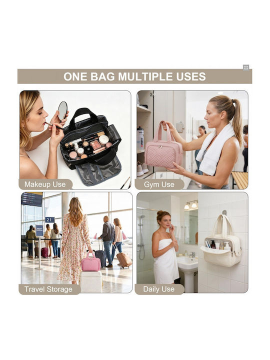 Miss Lulu Travel Quilted Toiletry Bag – Water-resistant Wet Dry Pocket Large 180° Opening Easy Access Beige