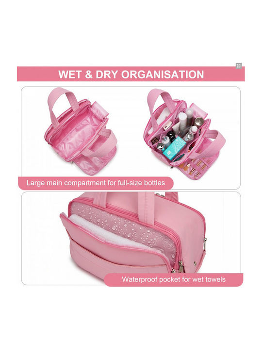 Miss Lulu Travel Quilted Toiletry Bag – Water-resistant Wet Dry Pocket Large 180° Opening Easy Access Pink